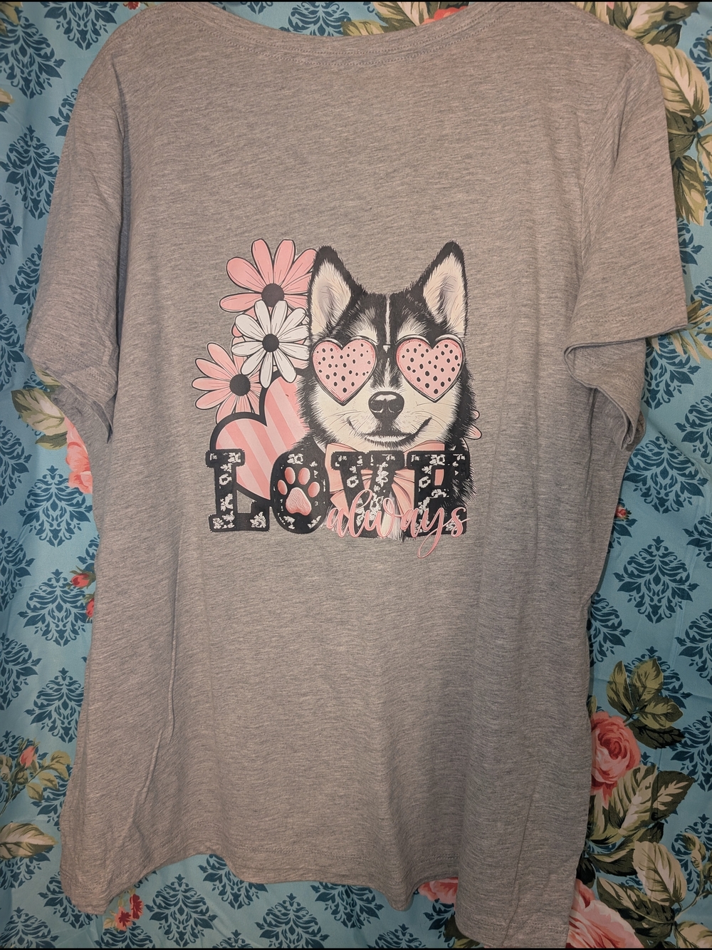 Gray "Love Always" Husky Graphic Tee with Pink Accents